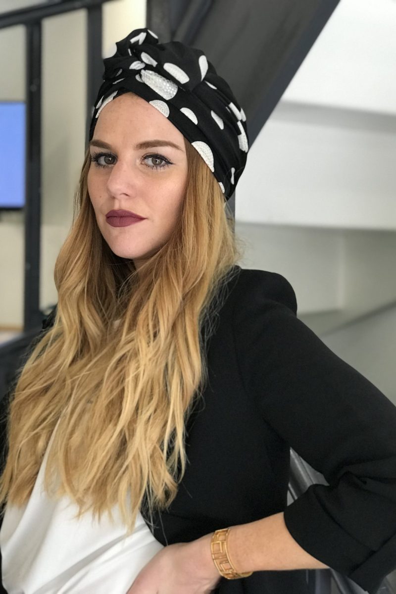 Turban à noeud lycra noir et pois