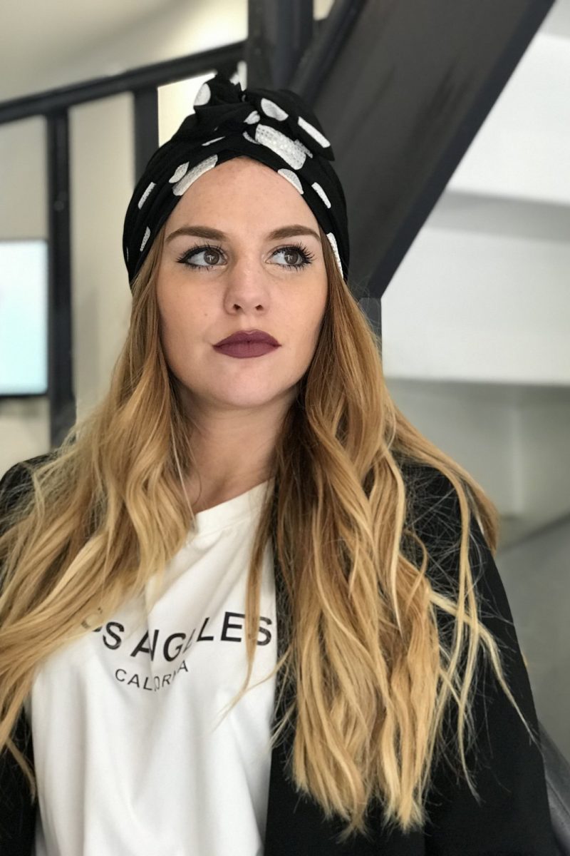 Turban à noeud lycra noir et pois