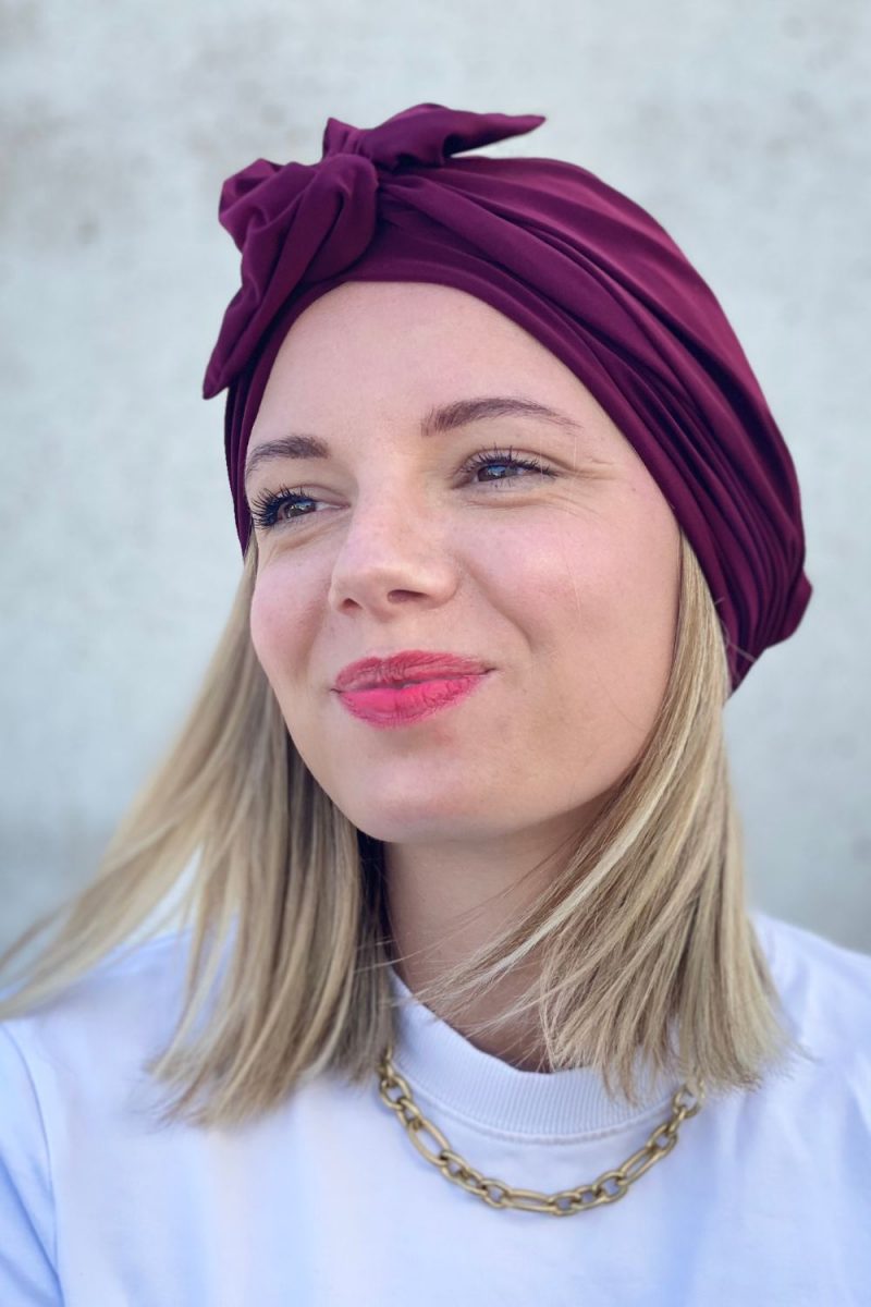 Turban à noeud lycra prune