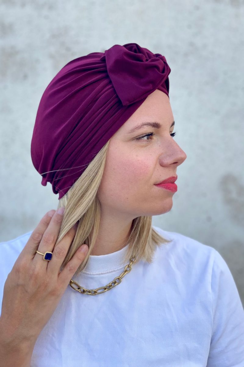 Turban à noeud lycra prune