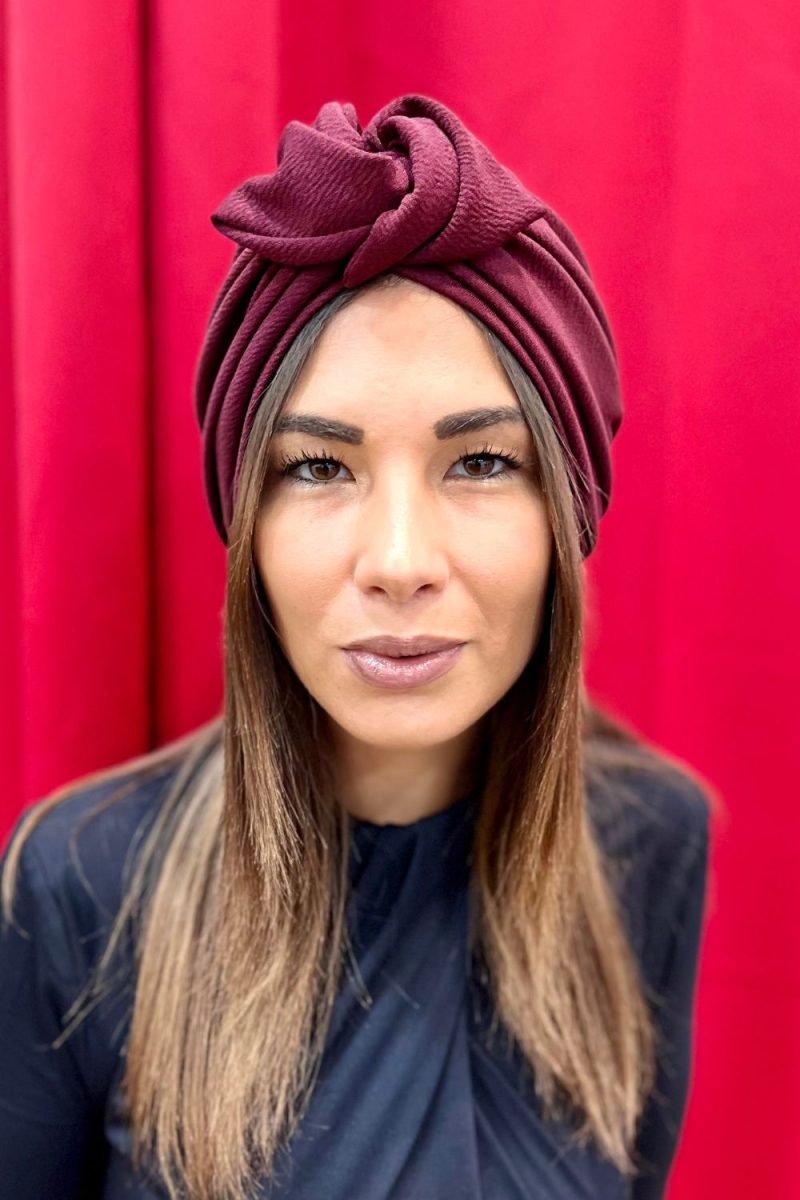 Turban à noeud crêpe bordeaux prune