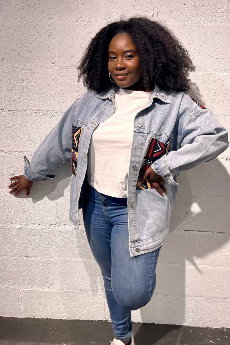 Veste en jean avec Wax bogolan choco