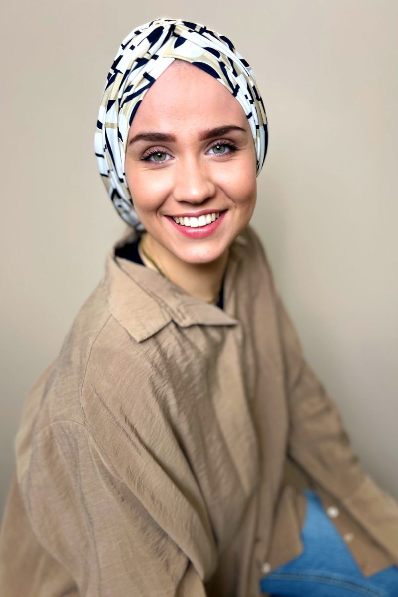 Turban lycra blanc et beige Niyya