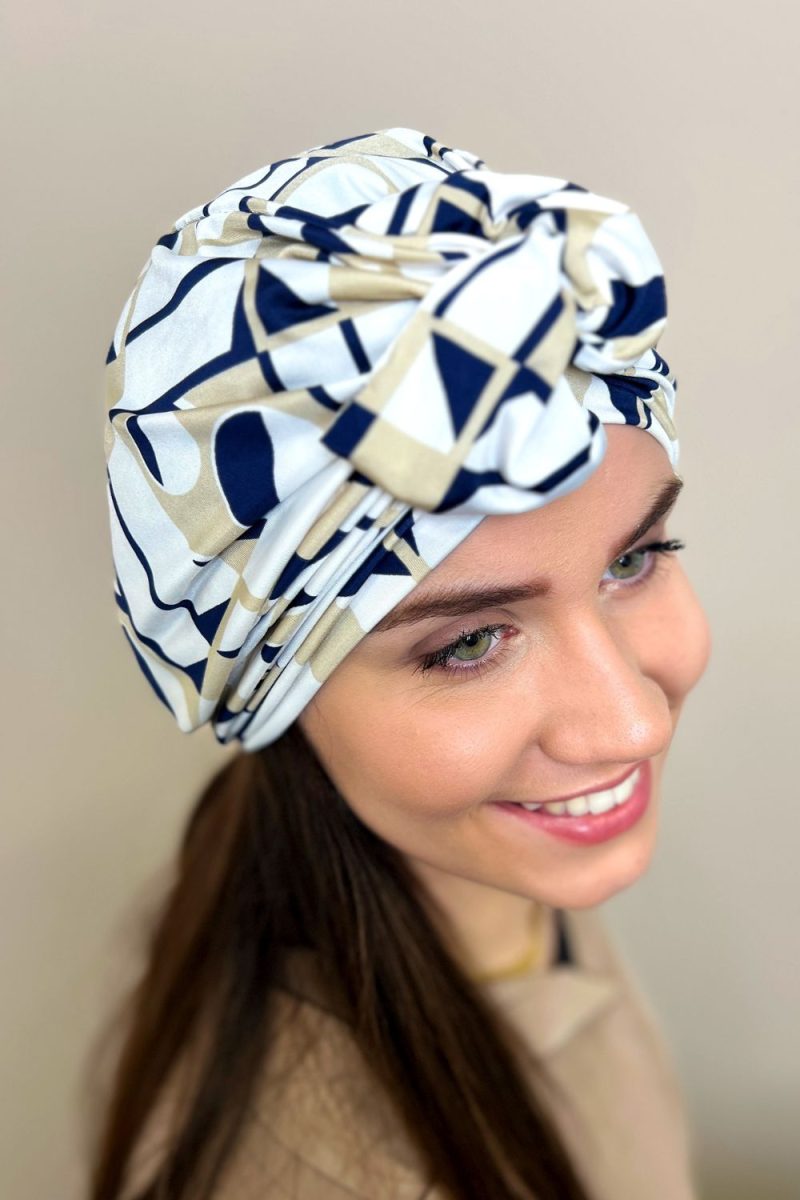 Turban à noeud lycra blanc et beige Niyya