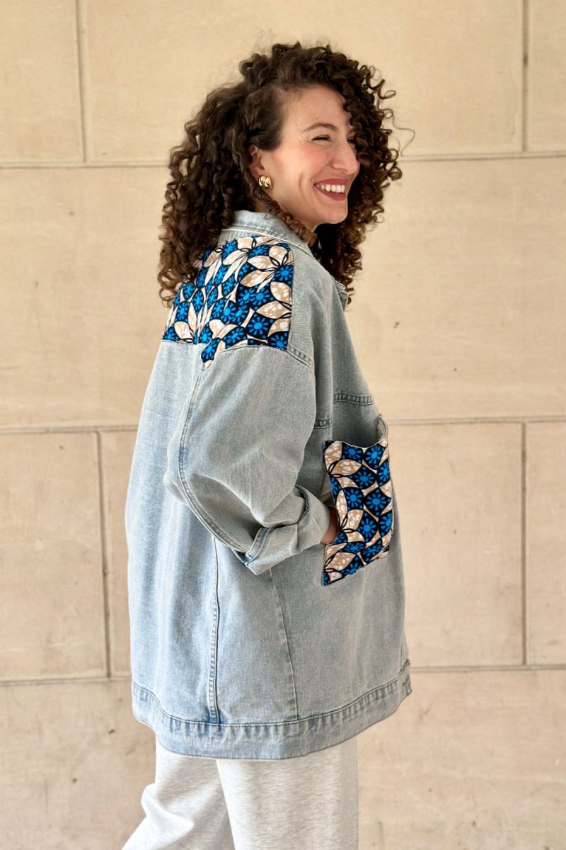 Veste en jean et Wax bleu ciel et beige Niyya