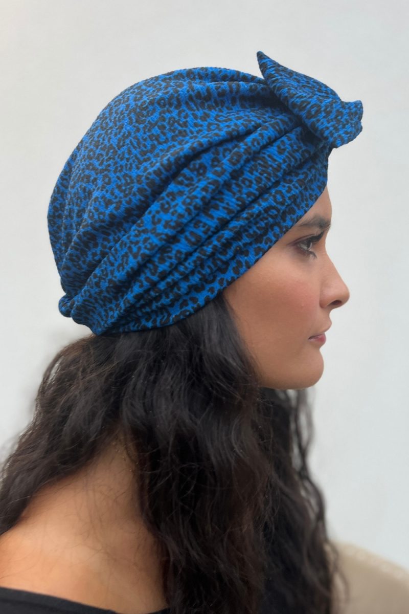Turban à noeud crêpe motifs léo bleu roi Niyya