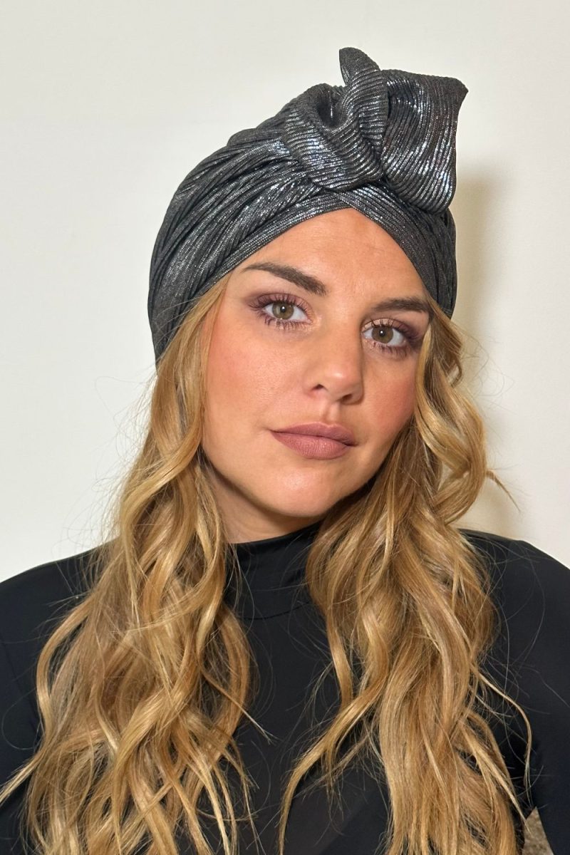 Turban à noeud plissé gris anthracite brillant Niyya