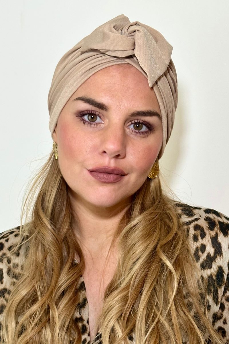 Turban à noeud lycra beige irisé Niyya