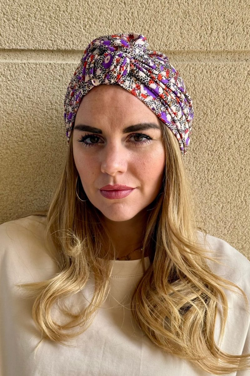 Turban à noeud lycra parme et orange Niyya