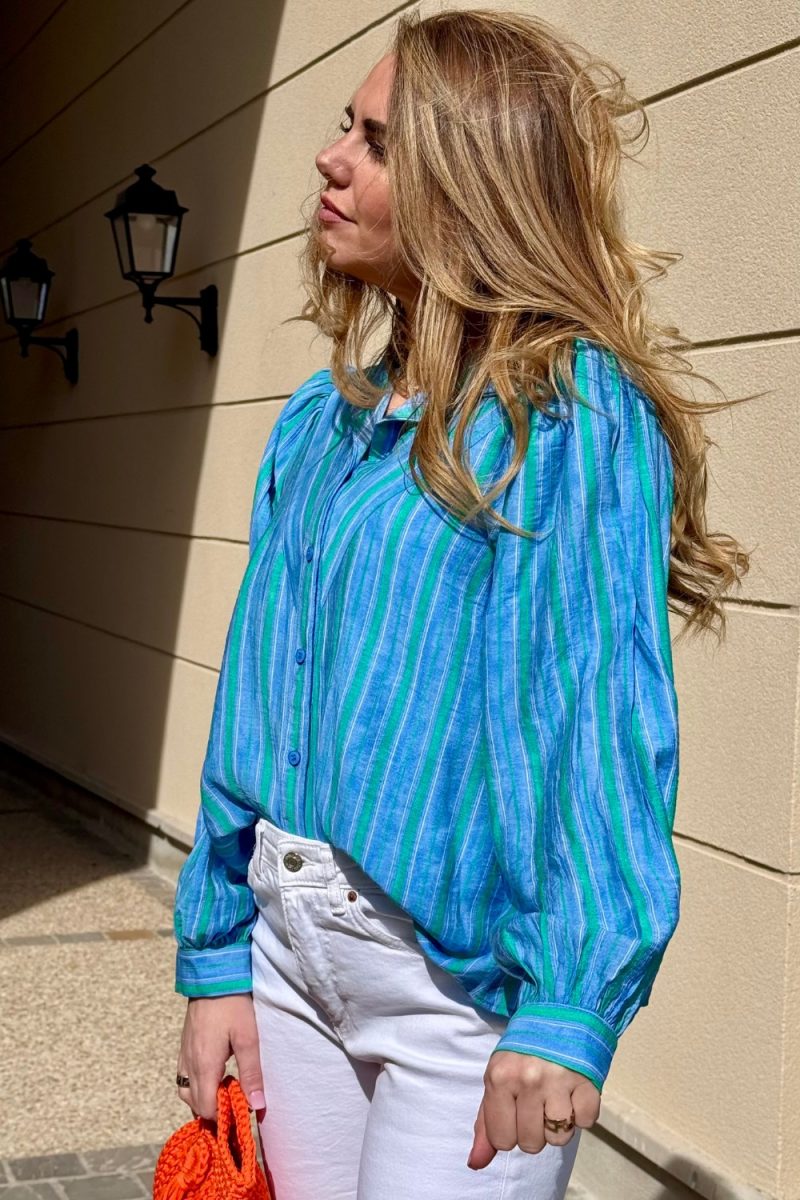 Chemise mousseline rayée bleu et vert Niyya
