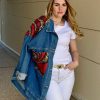 Veste jean foncé et Wax rouge orangé et camel Niyya