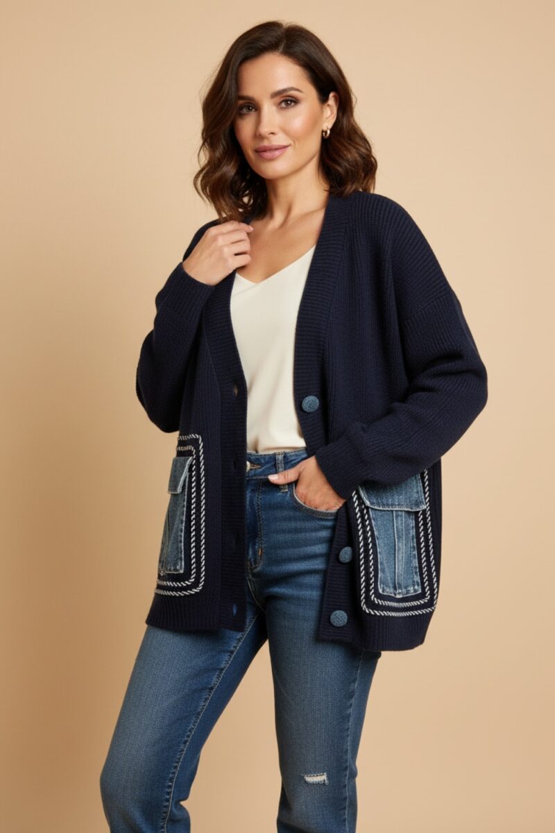 Gilet cardigan bleu oversize et poches jean Niyya