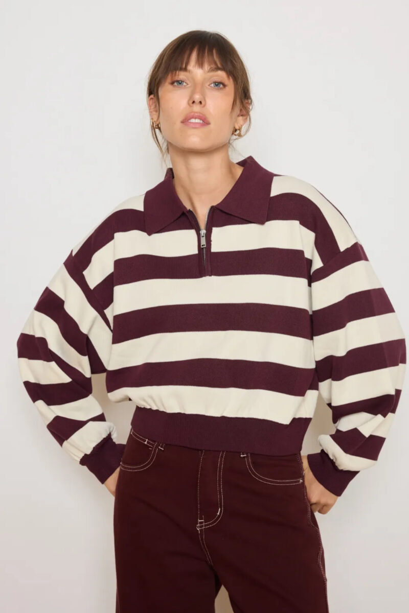 Pull rayé prune et crème