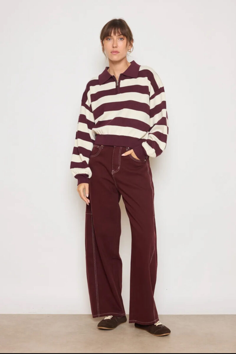 Pull rayé prune et crème