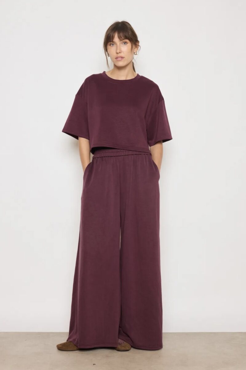 Pantalon fluide effet peau de pêche prune