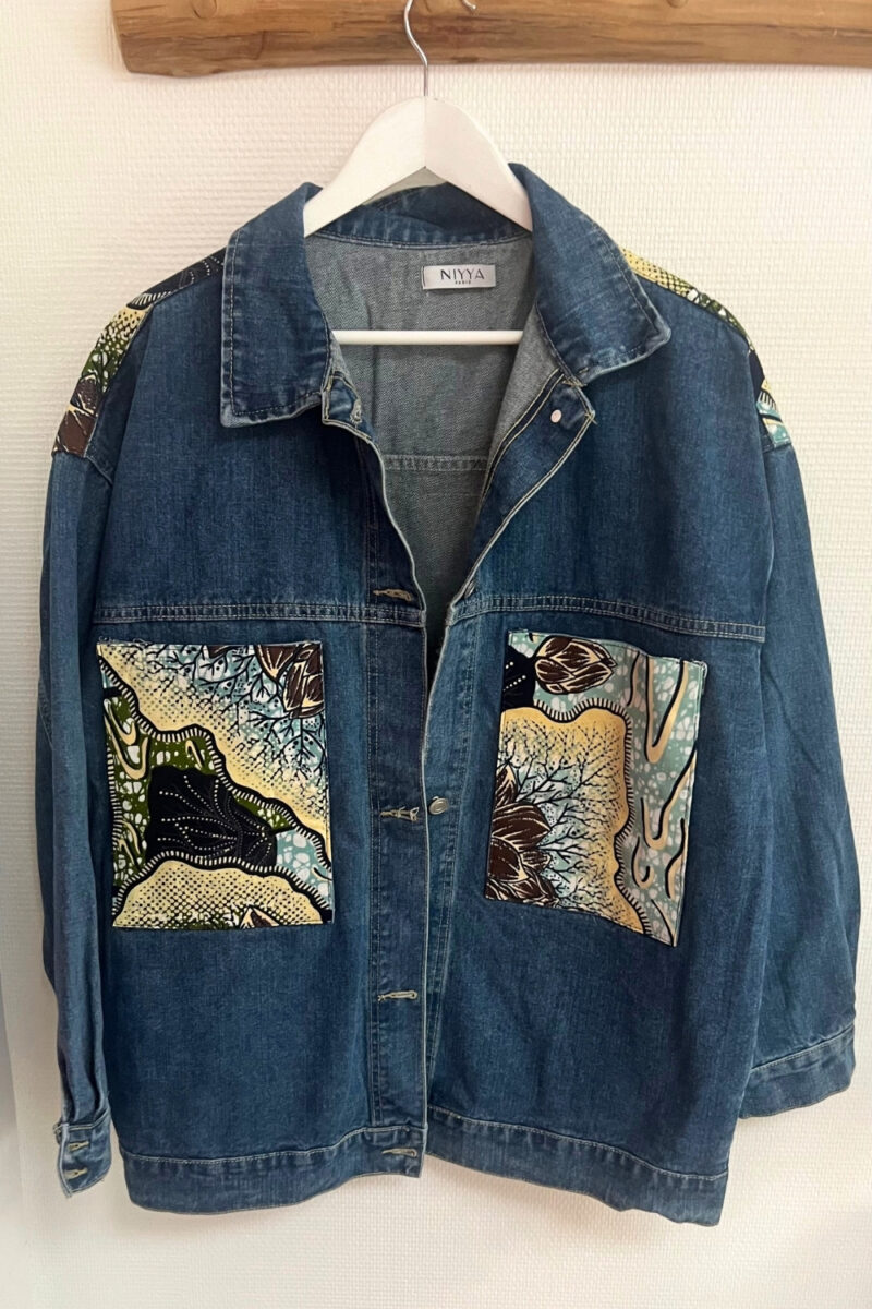 Veste jean foncé et Wax floral choco et beige