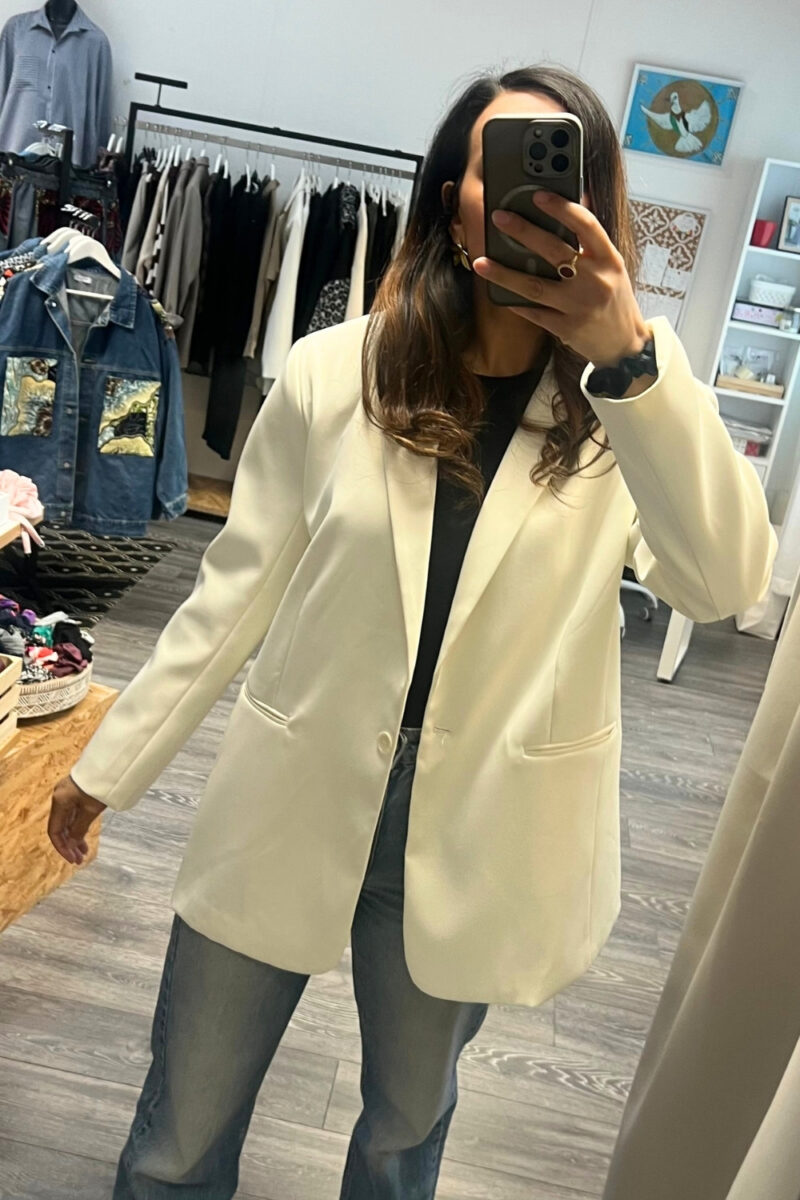 Blazer long blanc crème coupe droite