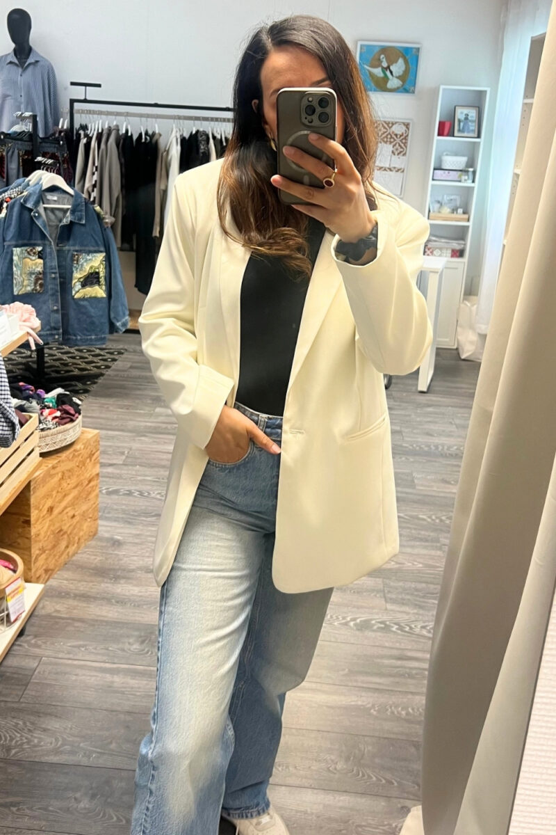 Blazer long blanc crème coupe droite