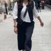 Pantalon fluide rayé bleu nuit