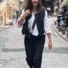 Pantalon fluide rayé bleu nuit