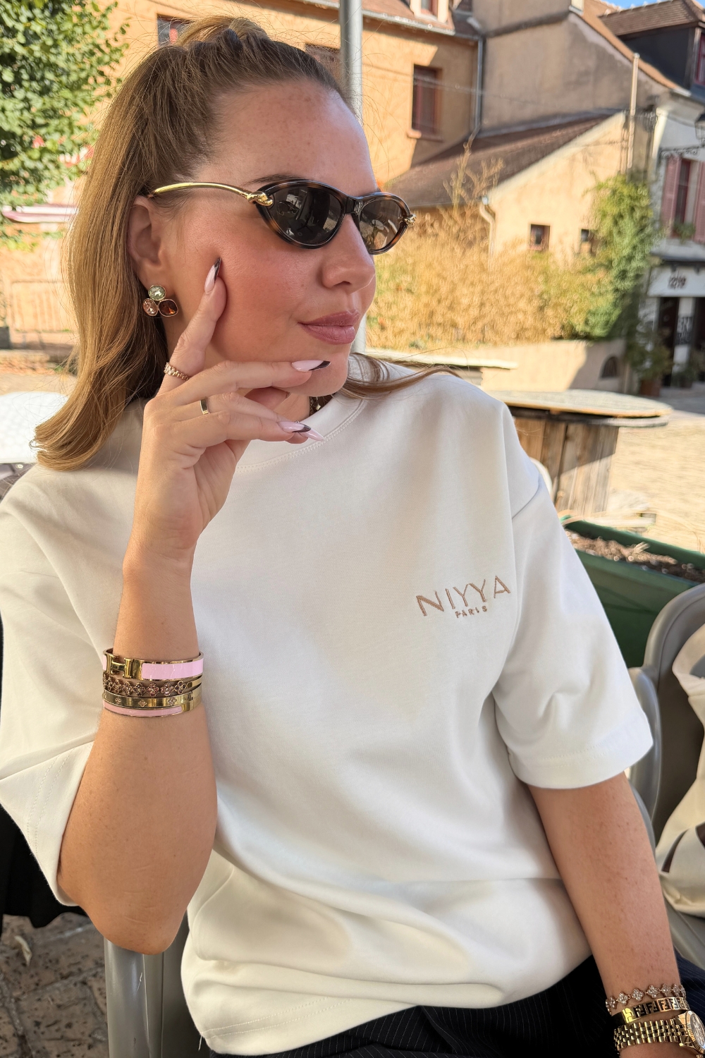 T-shirt oversize mixte brodé beige