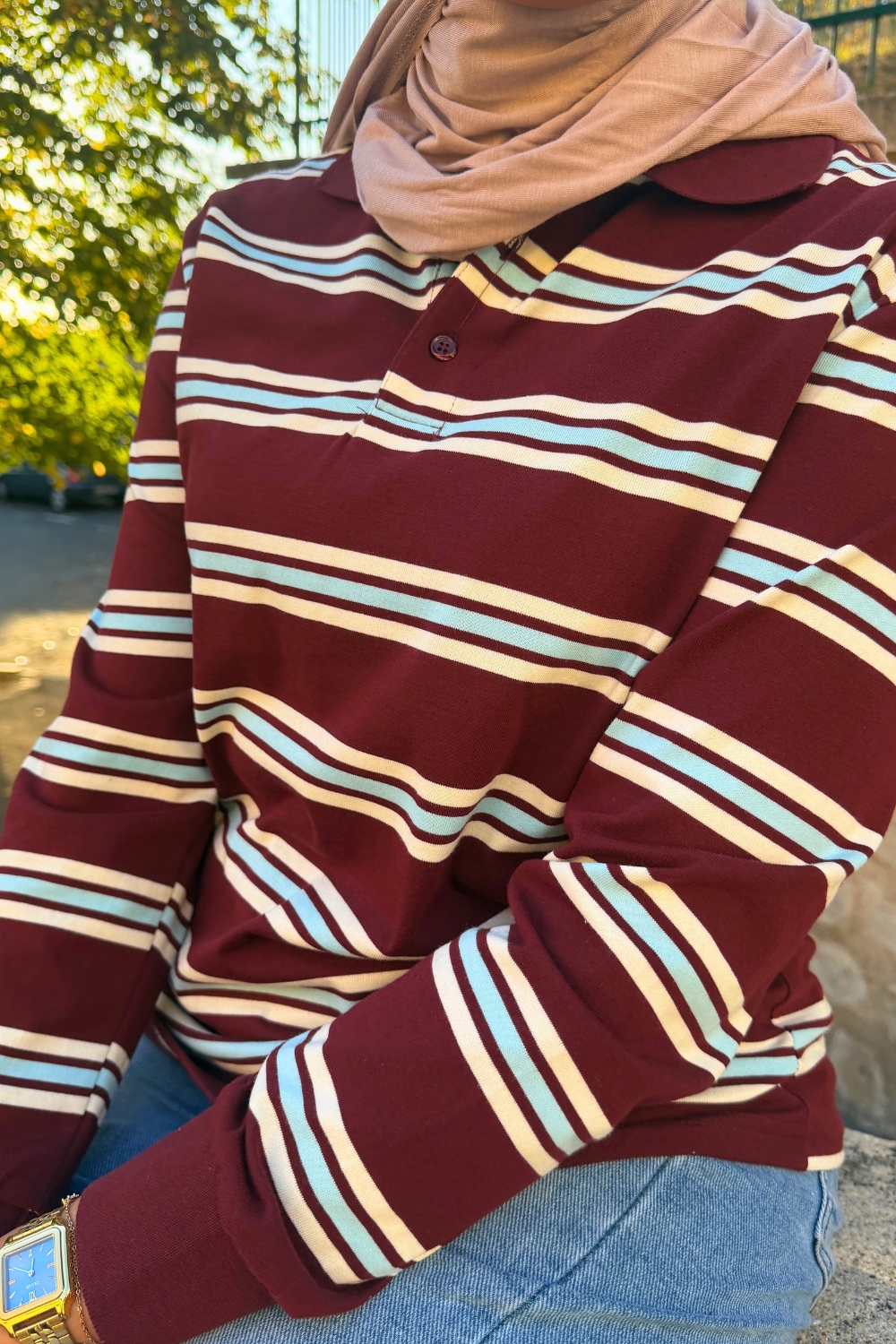 Polo rayé prune en coton femme | Niyya Paris