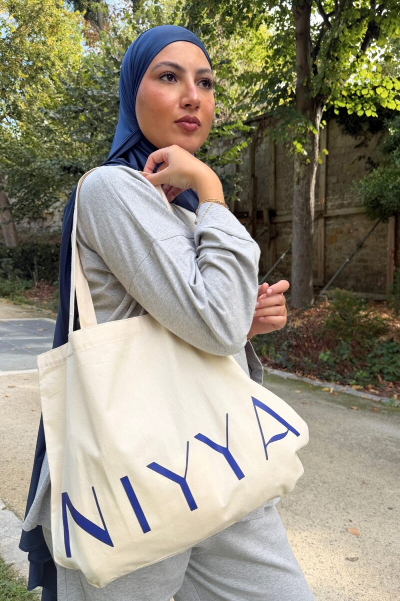 Tote bag en coton écru et bleu marine | Niyya Paris