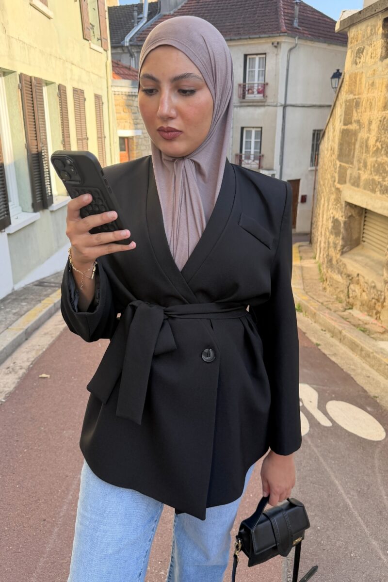 Blazer kimono noir croisé à ceinture
