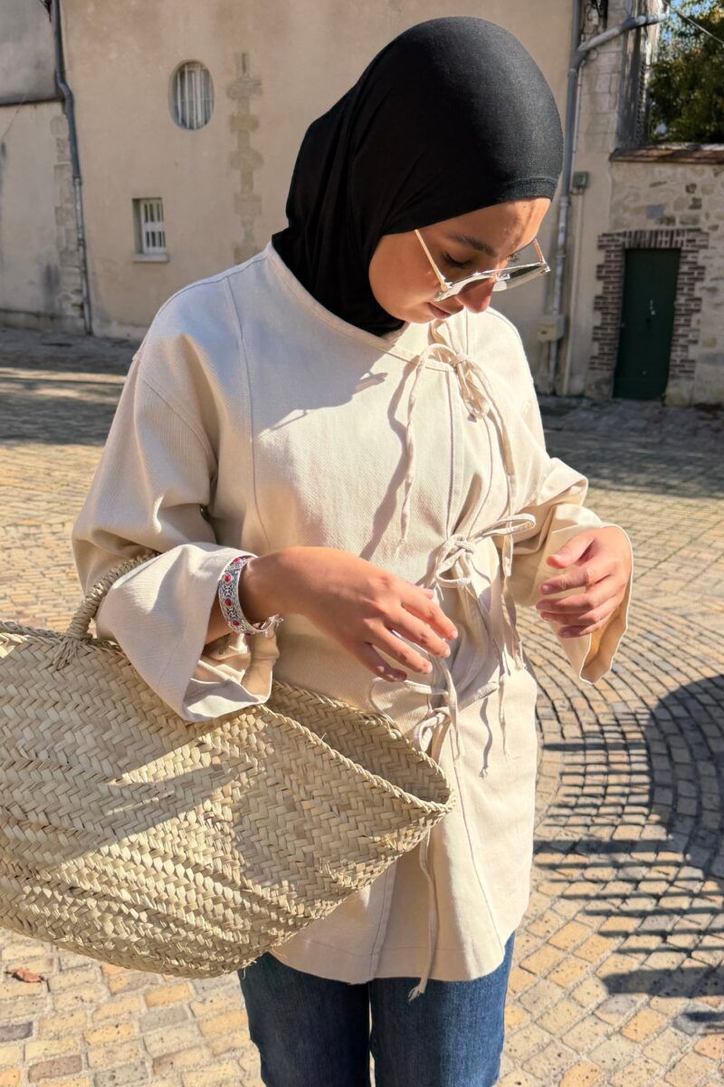 Veste tablier cache-cœur beige en coton