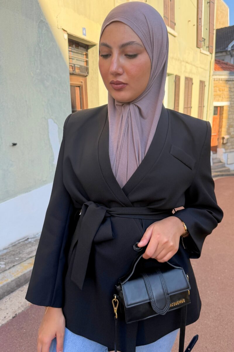 Blazer kimono noir croisé à ceinture