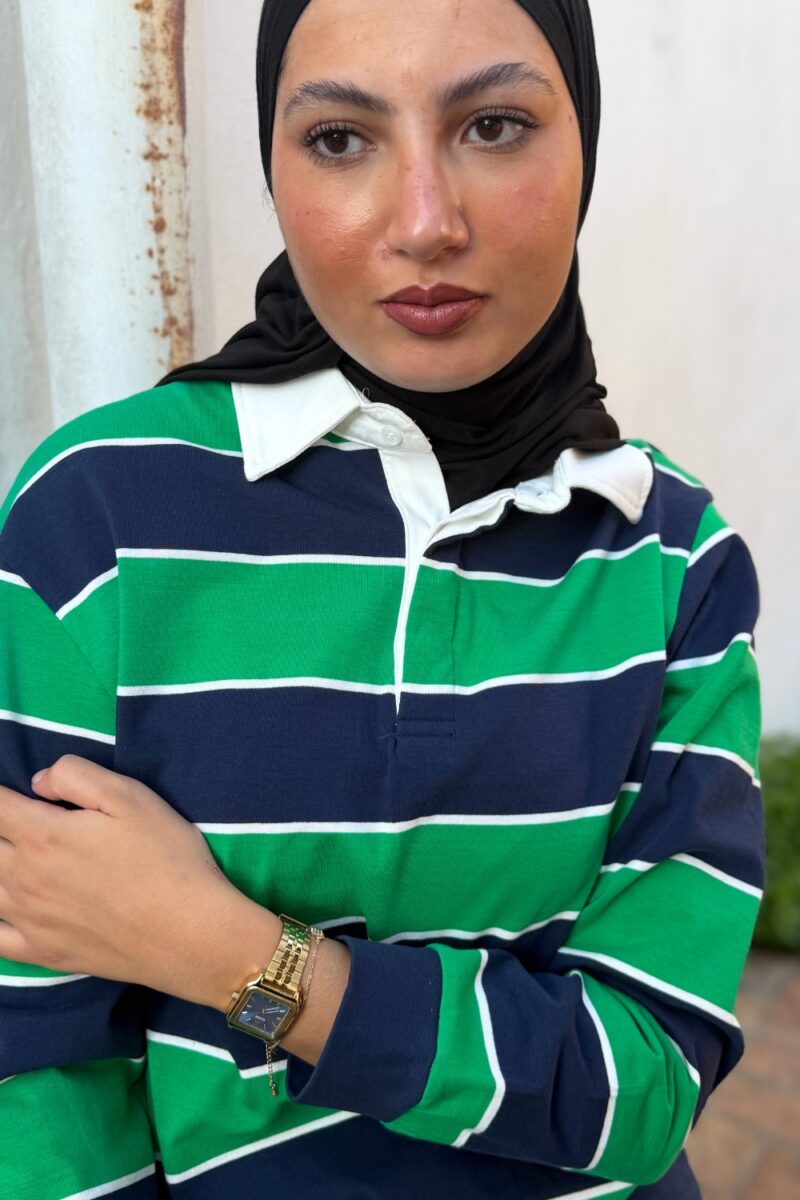 Polo rayé vert et bleu nuit en coton | Niyya Paris