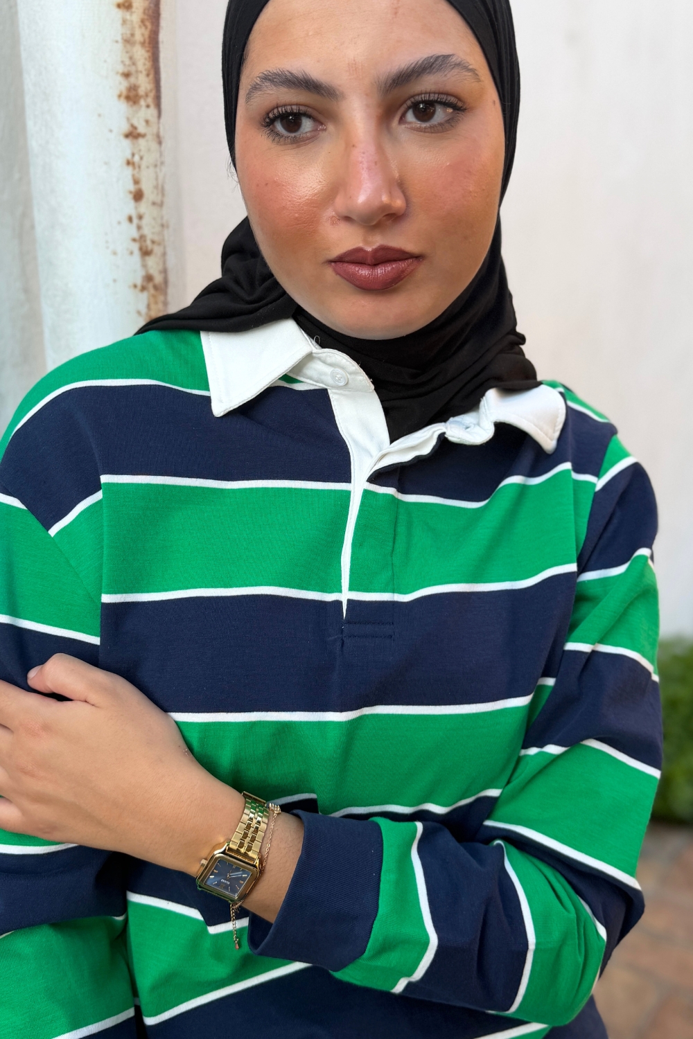 Polo rayé vert et bleu nuit en coton | Niyya Paris