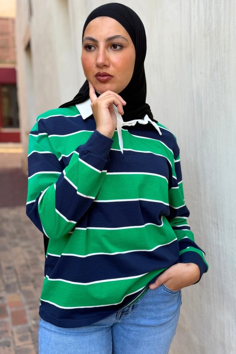 Polo rayé vert et bleu nuit en coton | Niyya Paris