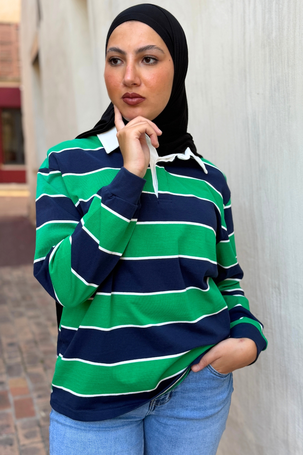 Polo rayé vert et bleu nuit en coton | Niyya Paris