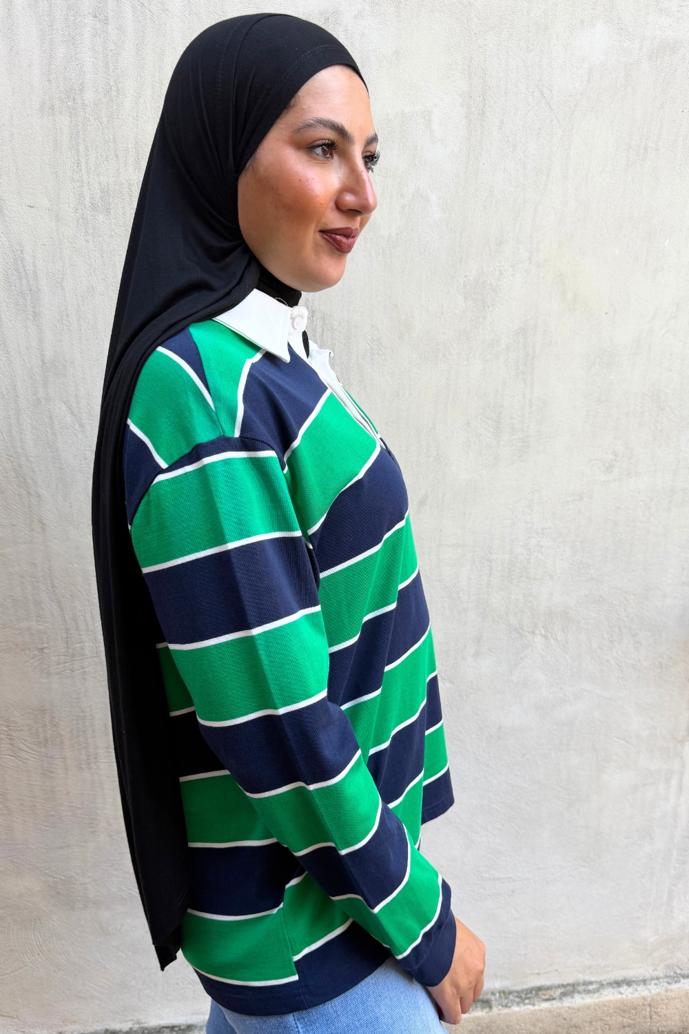Polo rayé vert et bleu nuit en coton | Niyya Paris