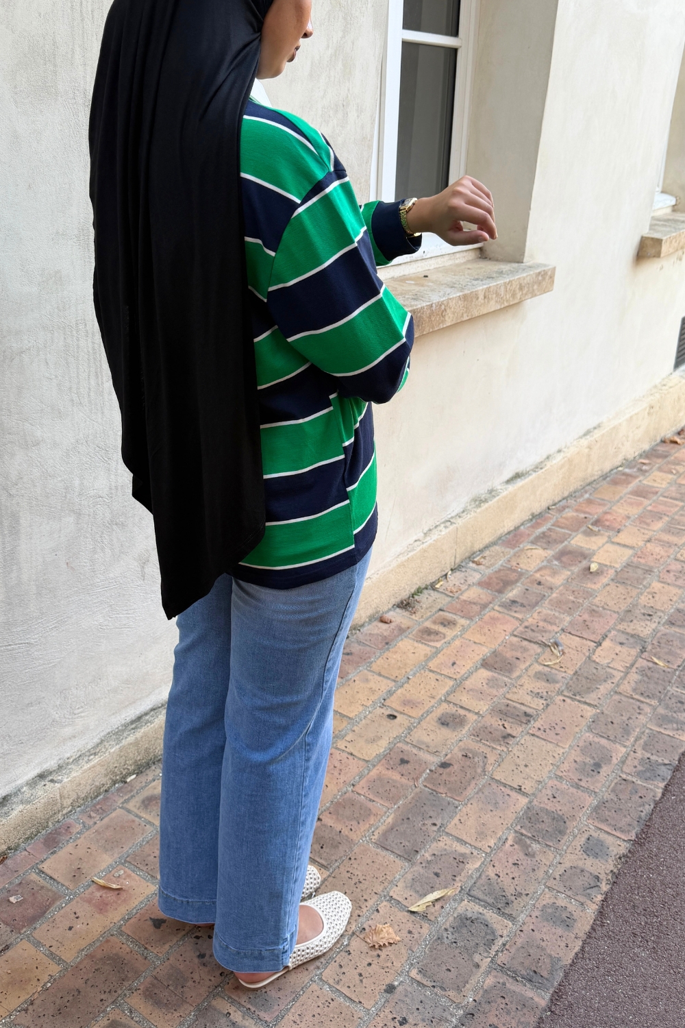 Polo rayé vert et bleu nuit en coton | Niyya Paris