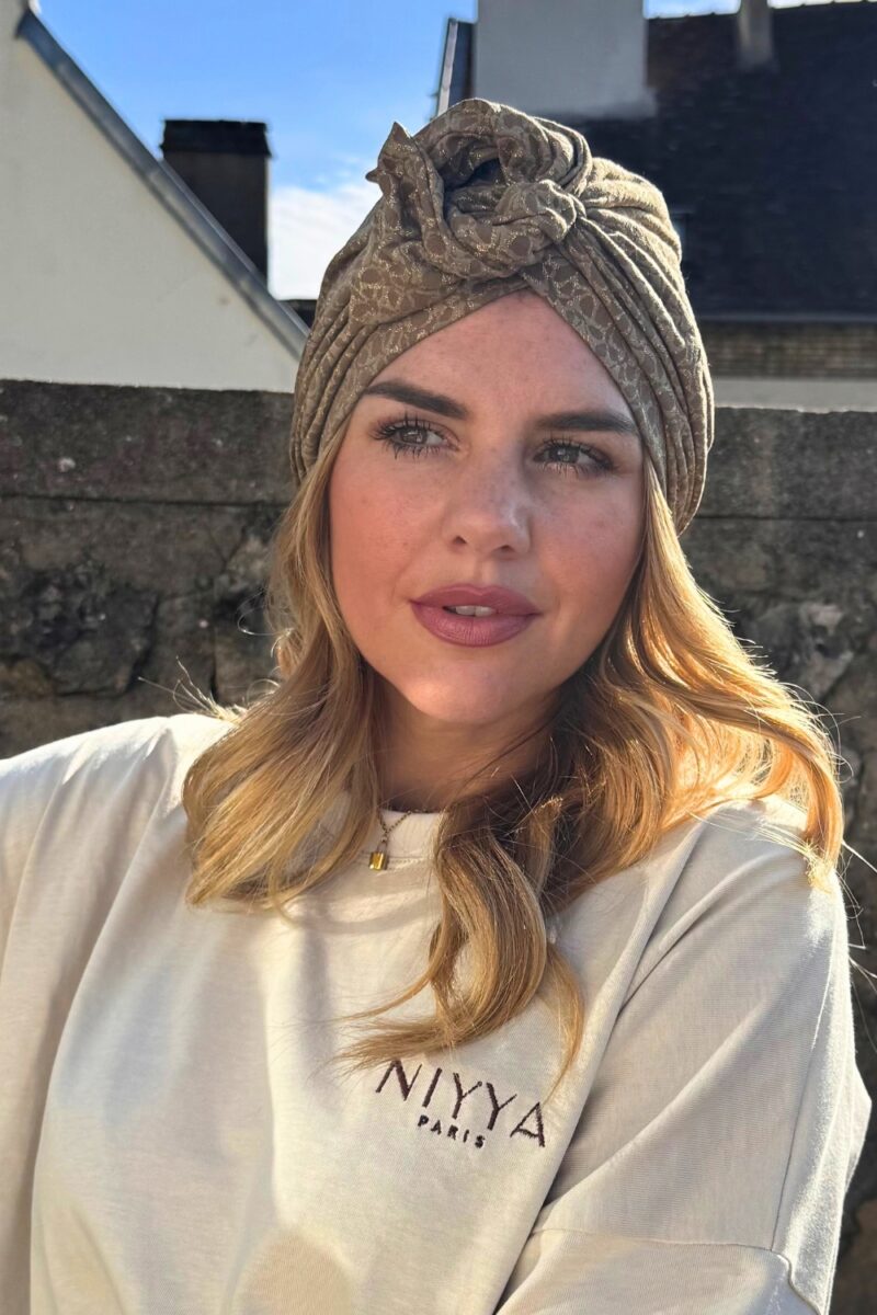 Turban à noeud crêpe léopard beige doré