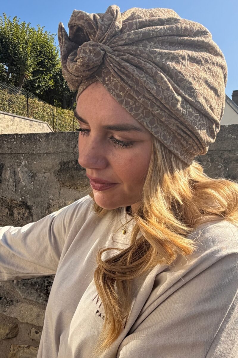 Turban à noeud crêpe léopard beige doré