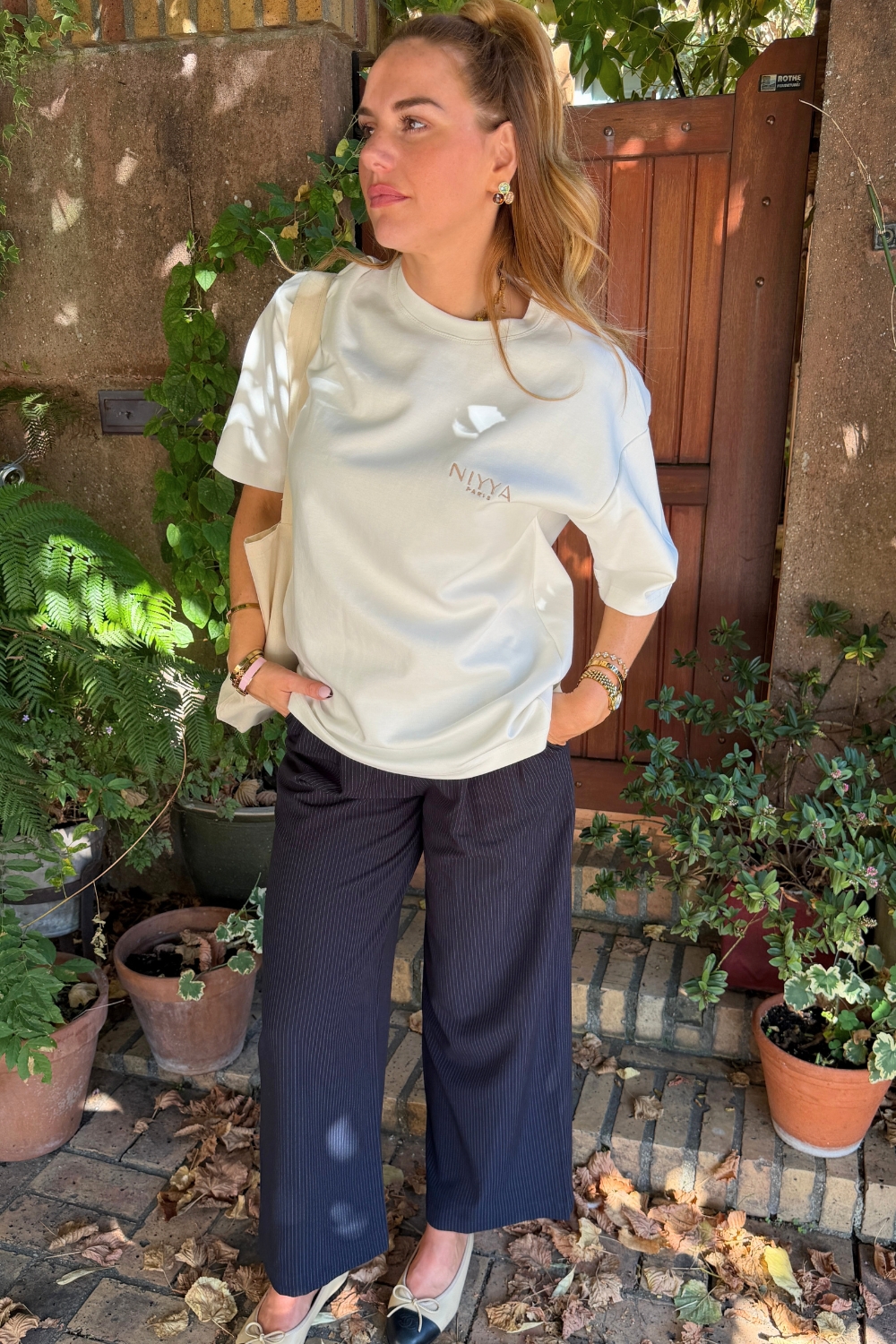 T-shirt oversize mixte brodé beige