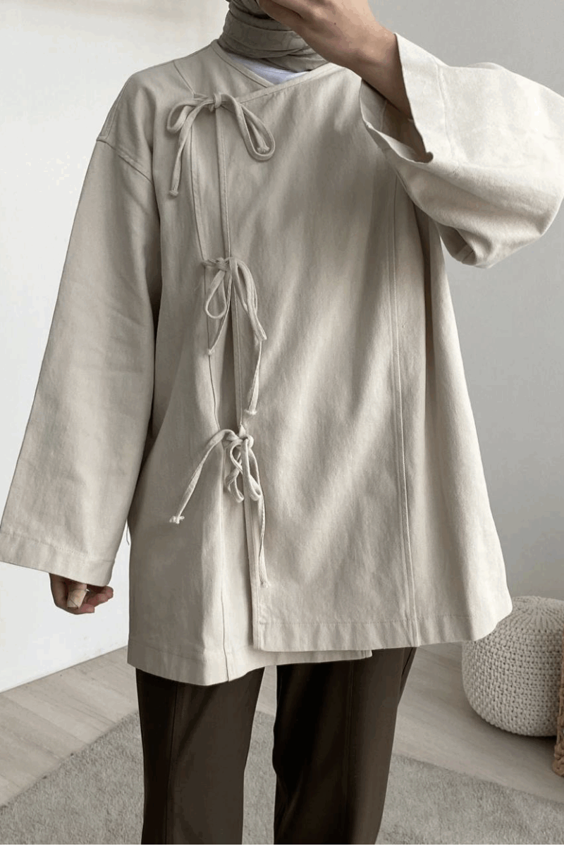 Veste tablier cache-cœur beige en coton